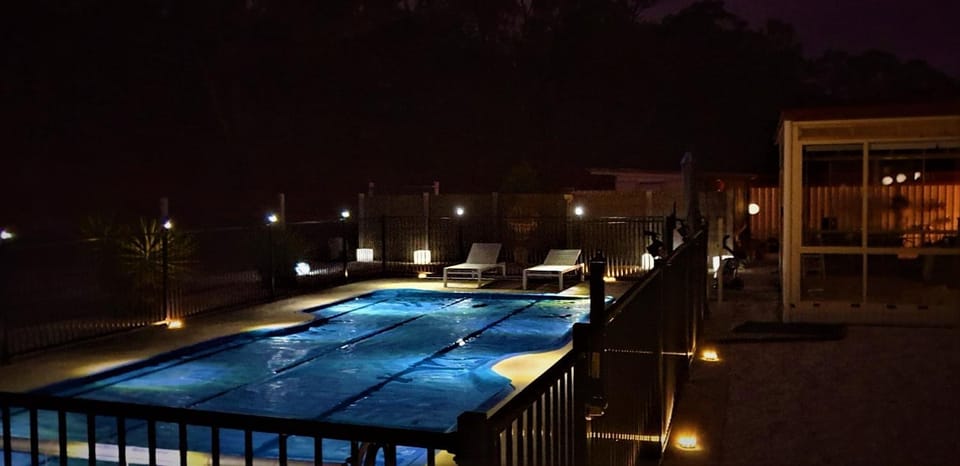 Night, Pool view, Swimming pool, sunbed