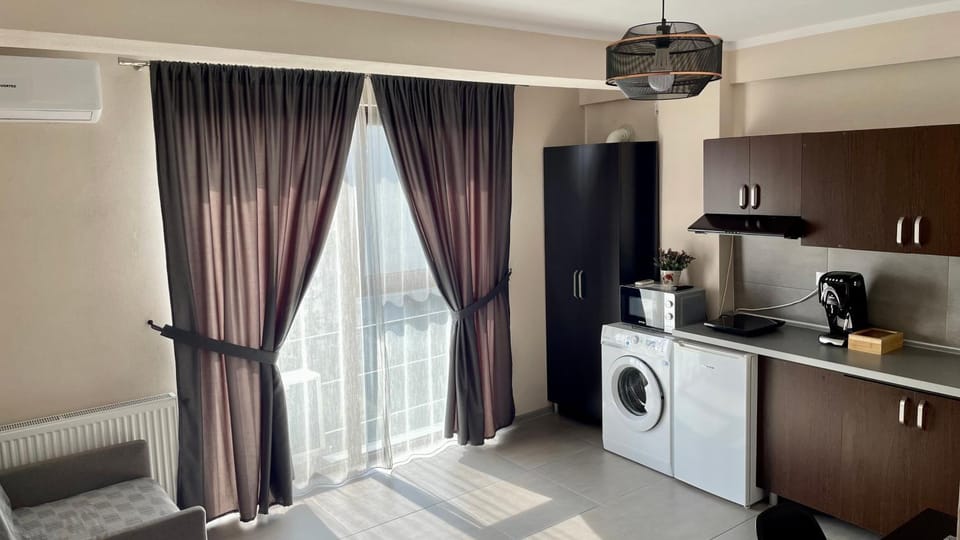 Kitchen or kitchenette, Photo of the whole room, Dining area, minibar, stove, washing machine