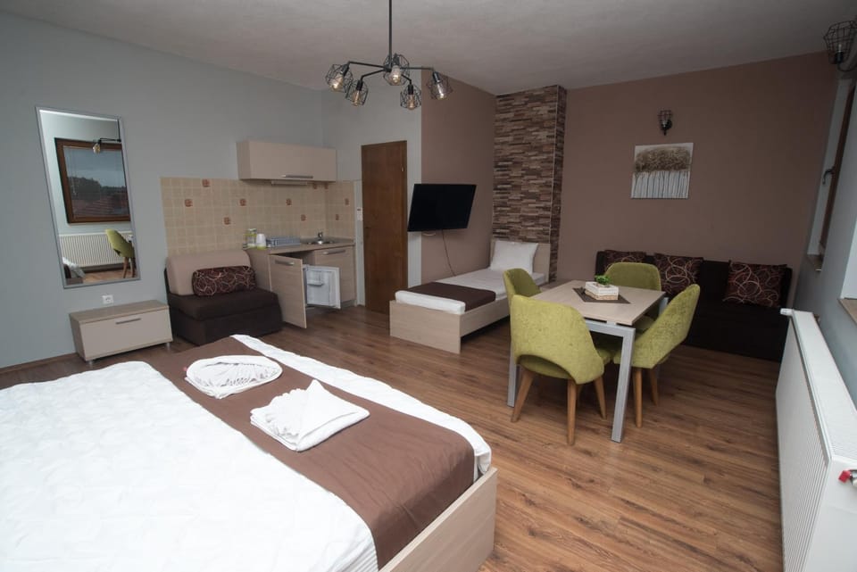 Bed, TV and multimedia, Kitchen or kitchenette, Photo of the whole room, Seating area, Bedroom, oven