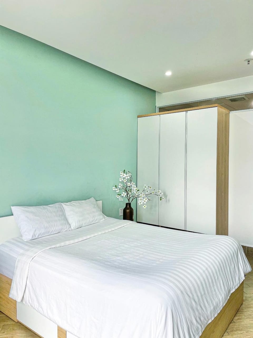 Bed, wardrobe