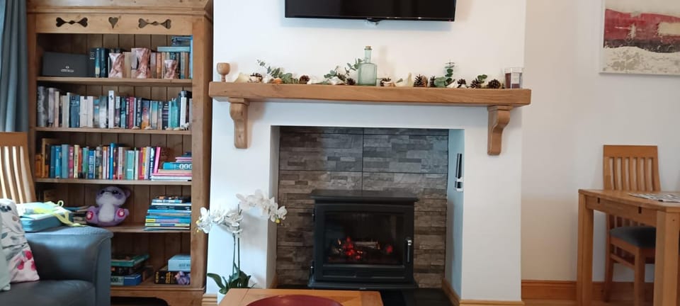 Library, fireplace
