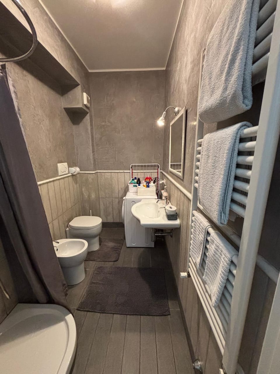 Shower, Toilet, bidet, towels, washing machine