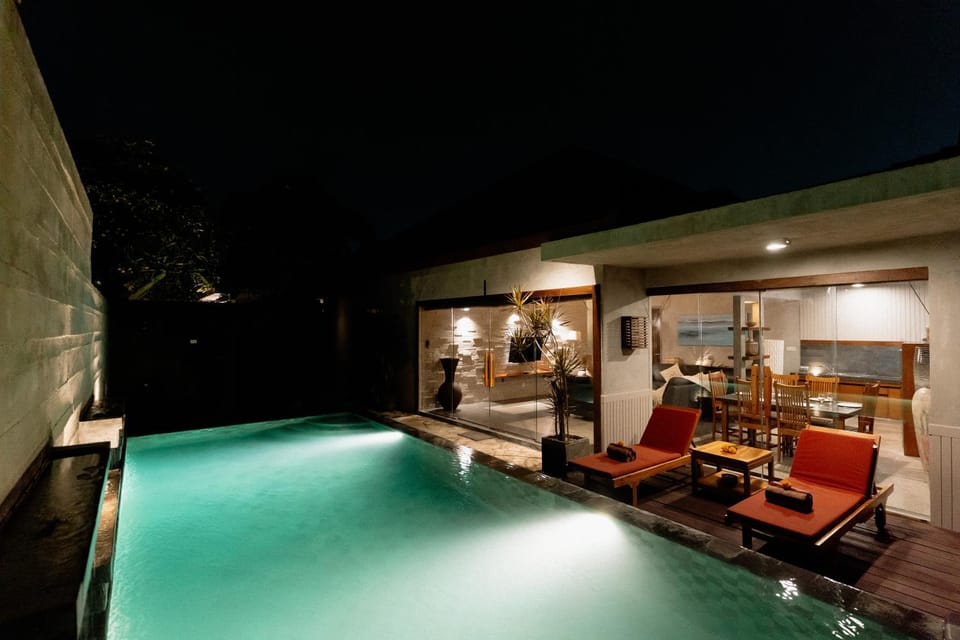 Property building, Night, Seating area, Swimming pool