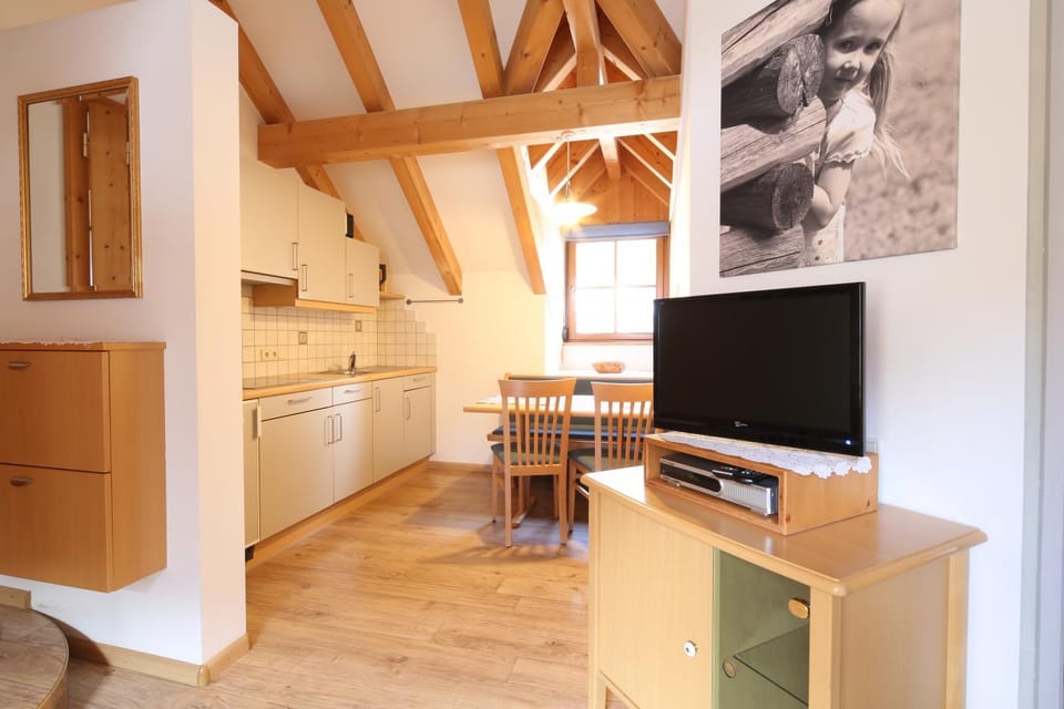 Kitchen or kitchenette, Living room, Seating area, Dining area