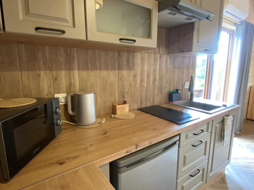 Kitchen or kitchenette, microwave, stove