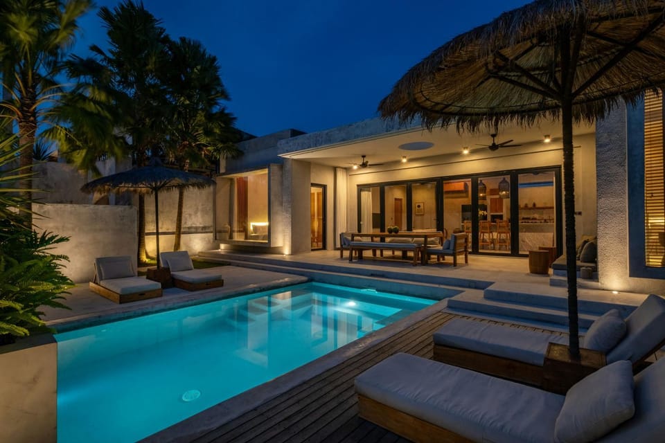 Patio, Night, Seating area, Swimming pool