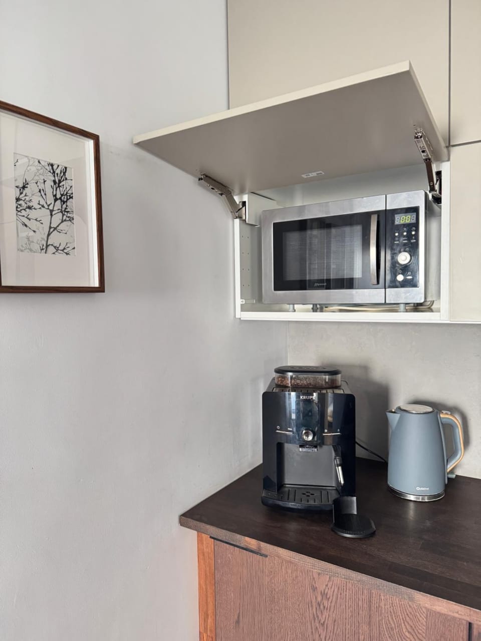 Kitchen or kitchenette, microwave, stove