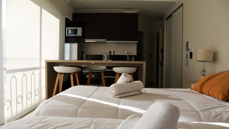 Bed, kitchen