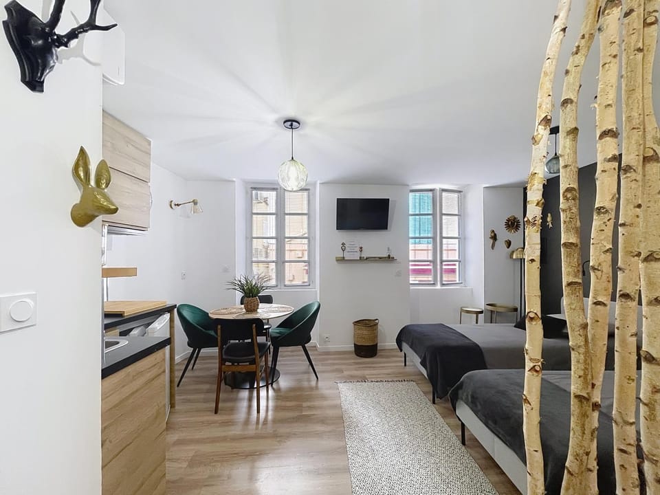 TV and multimedia, Kitchen or kitchenette, Living room, Photo of the whole room, Dining area, Bedroom