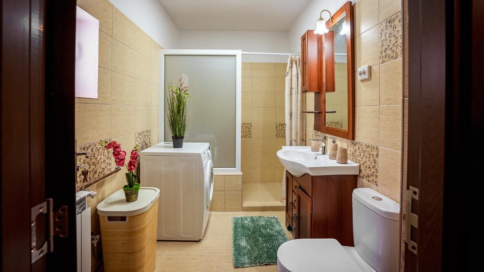 Shower, Toilet, Bathroom, towels, washing machine, dryer
