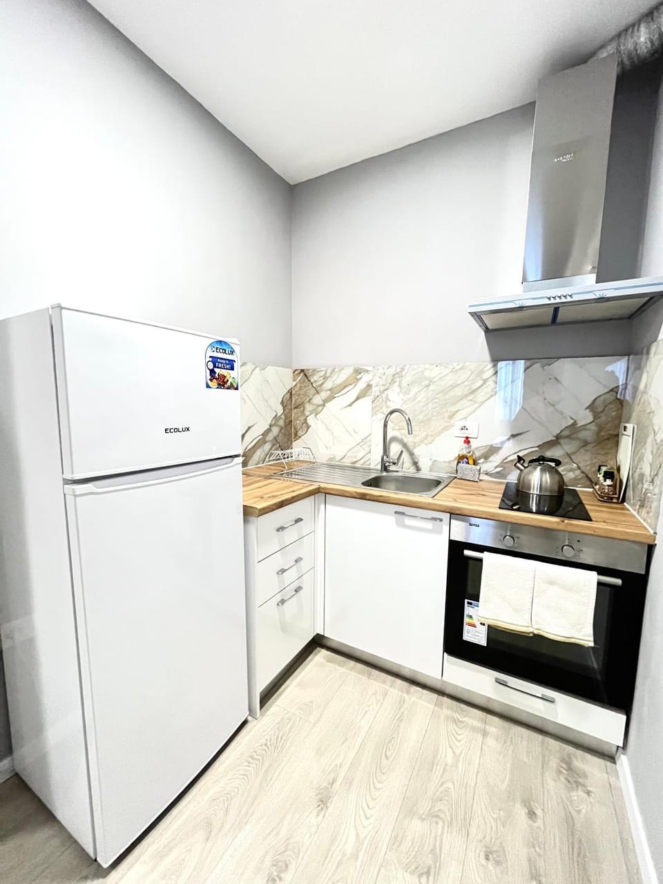 Kitchen or kitchenette, dishwasher, oven, stove