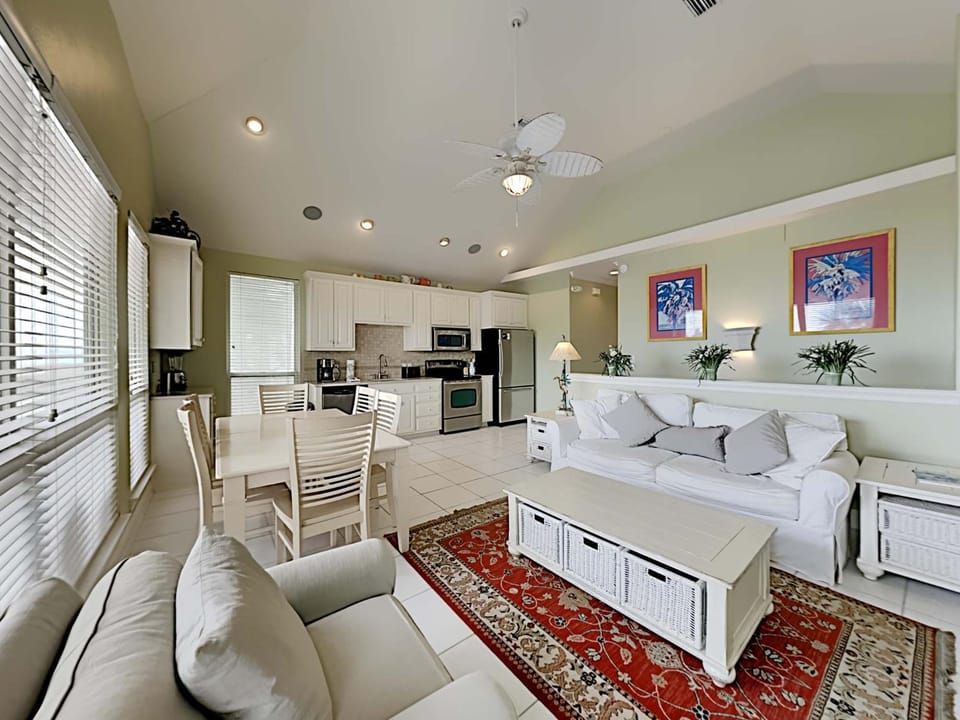 Kitchen or kitchenette, Living room, Seating area, Dining area, furniture, microwave, oven, stove