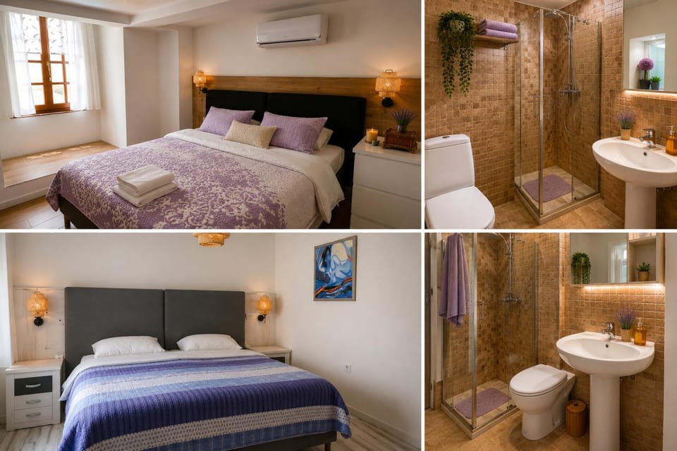 Shower, Toilet, Bed, Bathroom, Photo of the whole room, Bedroom, towels, air conditioner, air conditioner