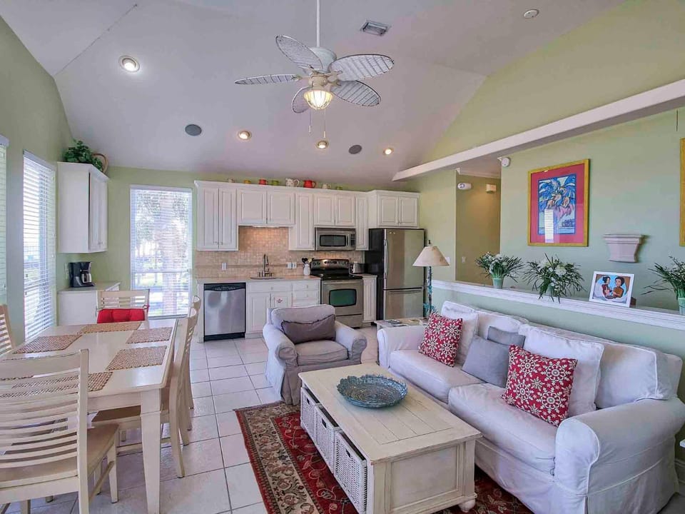 Kitchen or kitchenette, Living room, Dining area, furniture, microwave, oven, stove