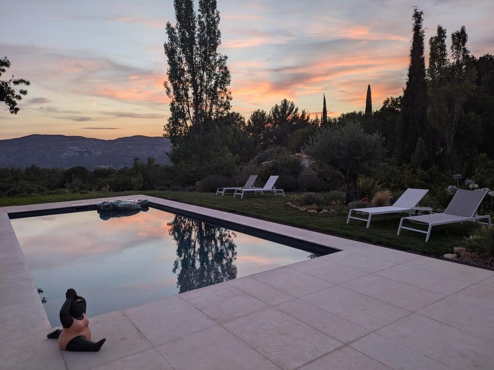 Natural landscape, Mountain view, Pool view, Swimming pool, Sunset, sunbed