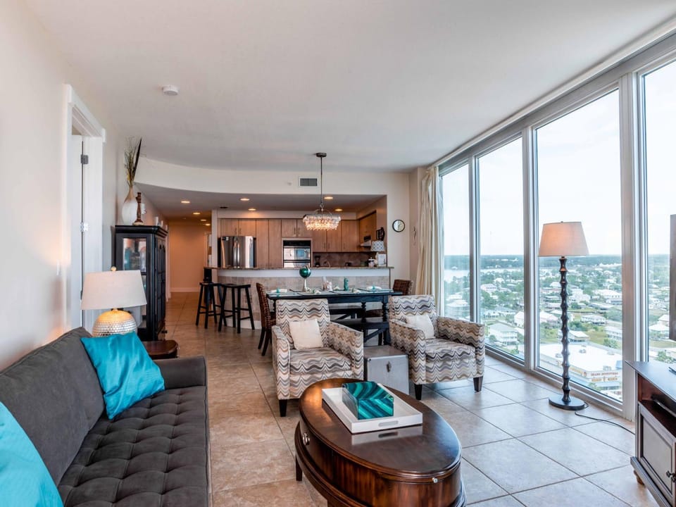 Kitchen or kitchenette, Living room, Seating area, Dining area, City view, furniture, air conditioner