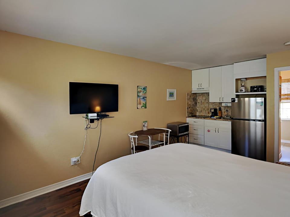 Bed, TV and multimedia, Kitchen or kitchenette, Seating area, Bedroom, furniture, microwave