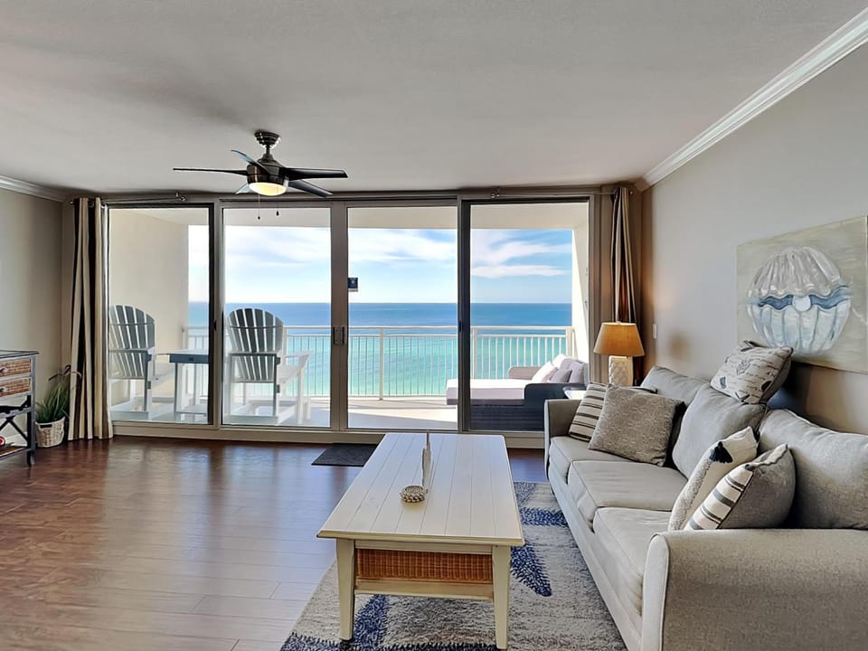 View (from property/room), Balcony/Terrace, Living room, Seating area, Sea view, furniture
