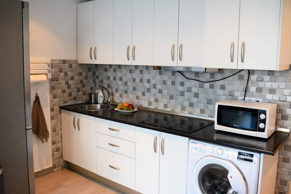 Kitchen or kitchenette, stove, washing machine