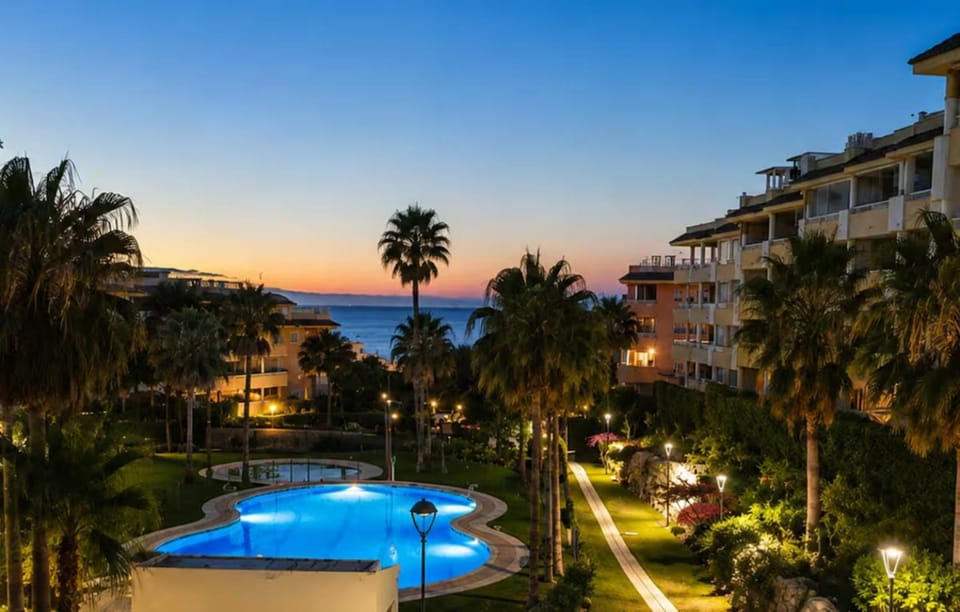 Property building, Night, Natural landscape, Sea view, Swimming pool