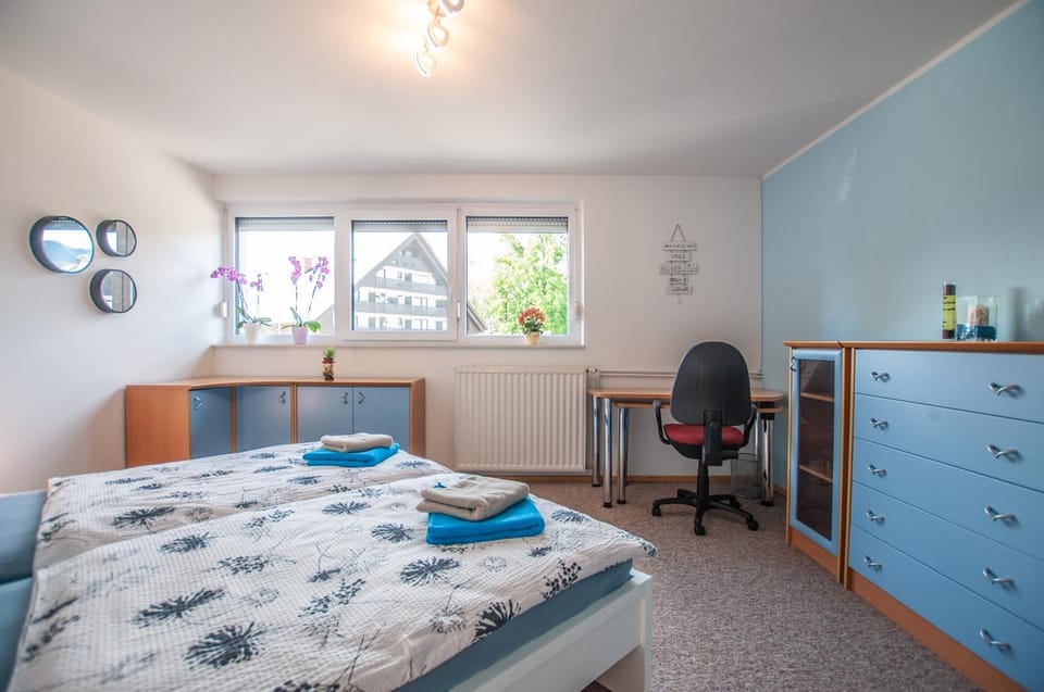 Bed, Bedroom, hair dresser, towels, wardrobe