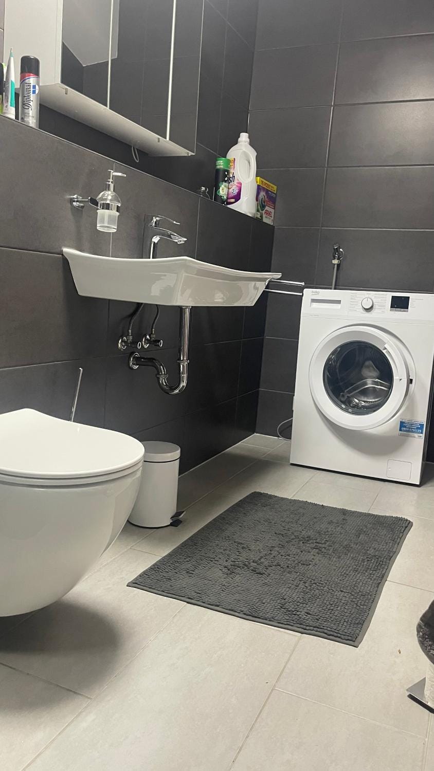 Toilet, Bathroom, towels, washing machine