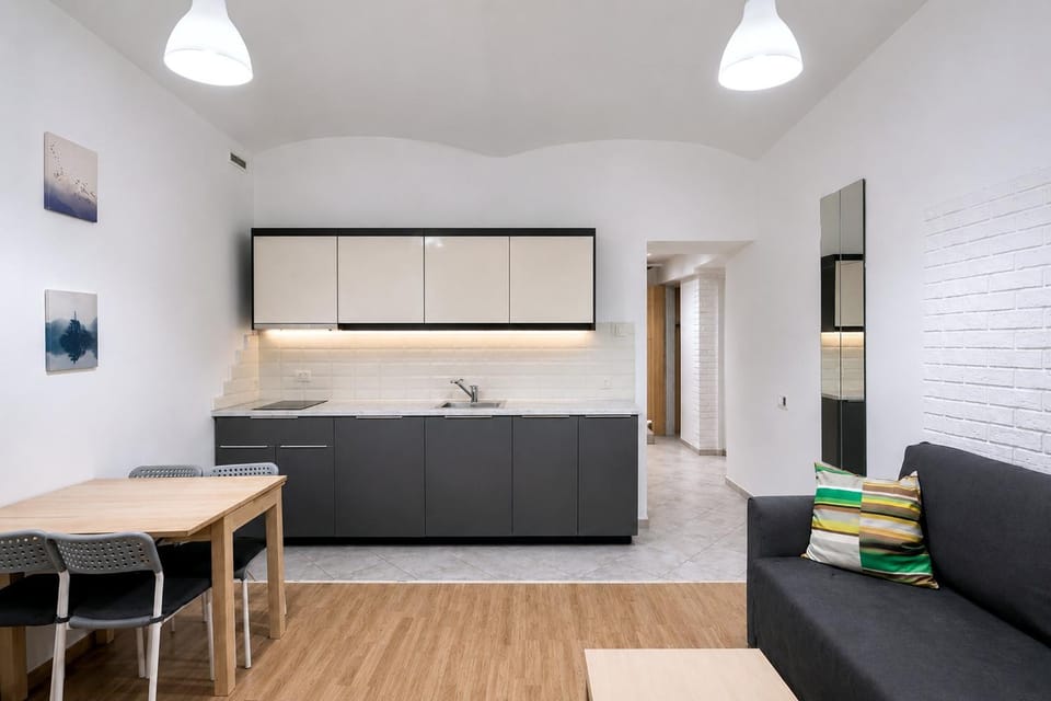Living room, Seating area, Dining area, dishwasher, microwave, stove, kitchen