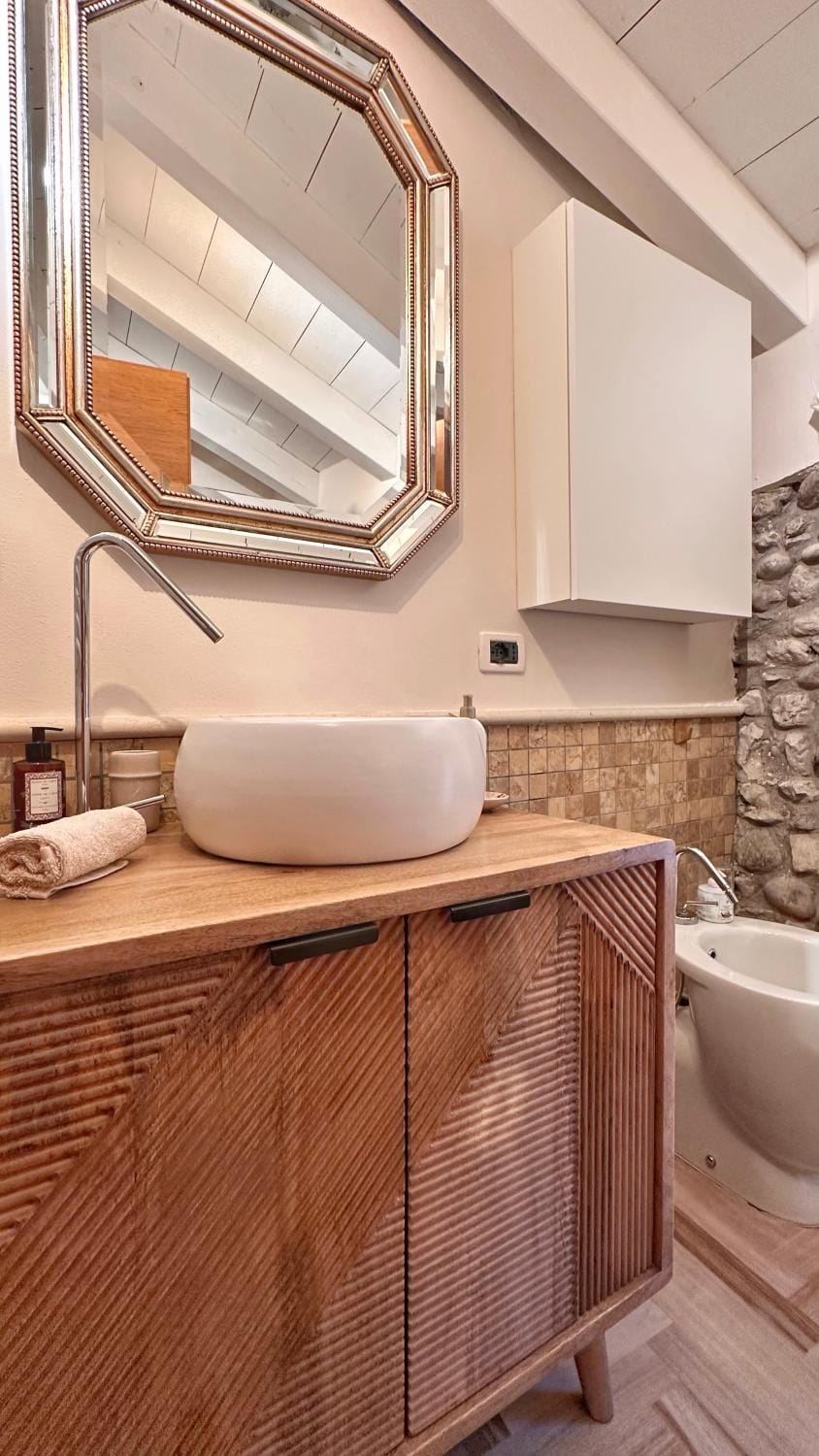 Bathroom, bidet, hair dryier, towels