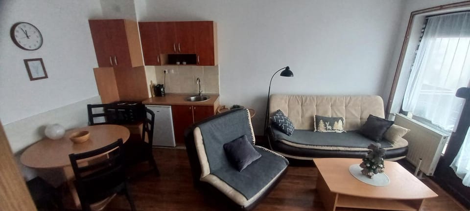 Kitchen or kitchenette, Living room, Seating area, Dining area