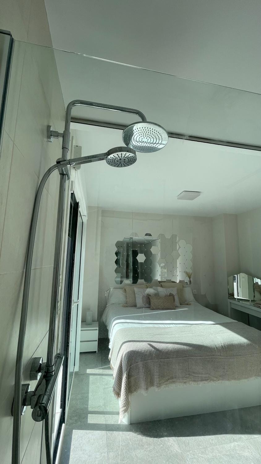 Shower, Bed, Bathroom, Photo of the whole room, Bedroom