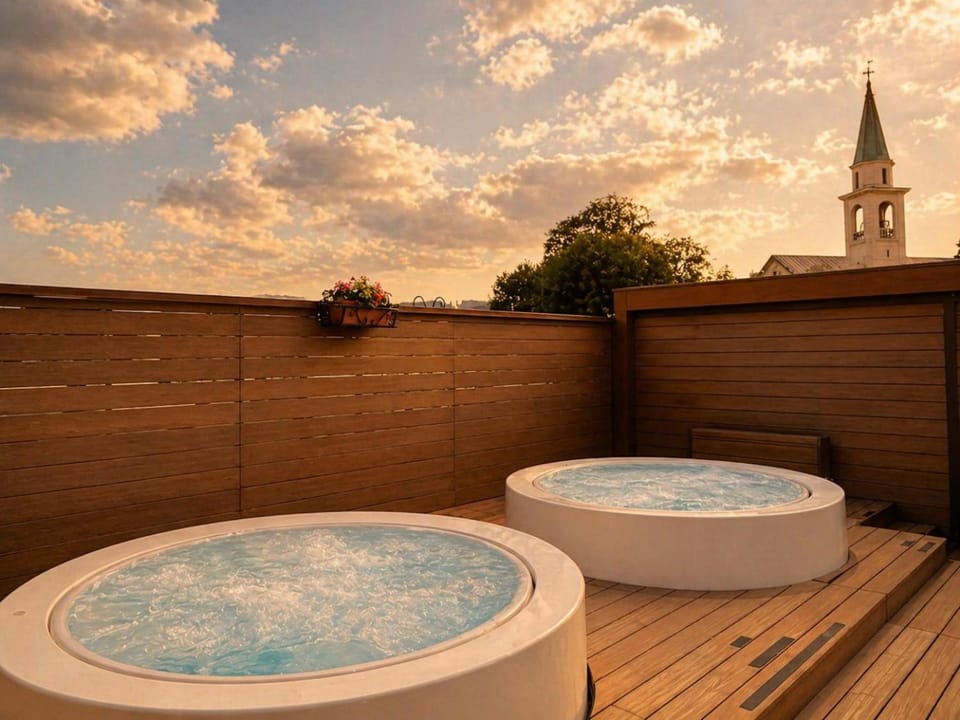 Summer, Garden, Hot Tub, Swimming pool, Sunset
