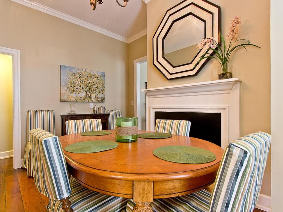 Dining area, fireplace, furniture