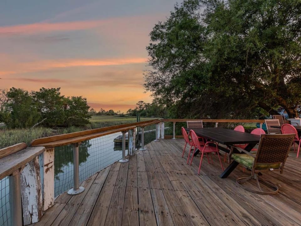 Natural landscape, Seating area, Dining area, River view, Sunset