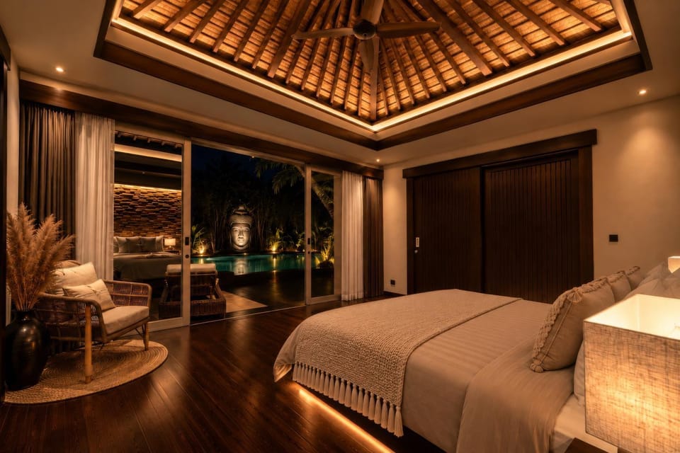 Bed, Seating area, Bedroom, Pool view, air conditioner