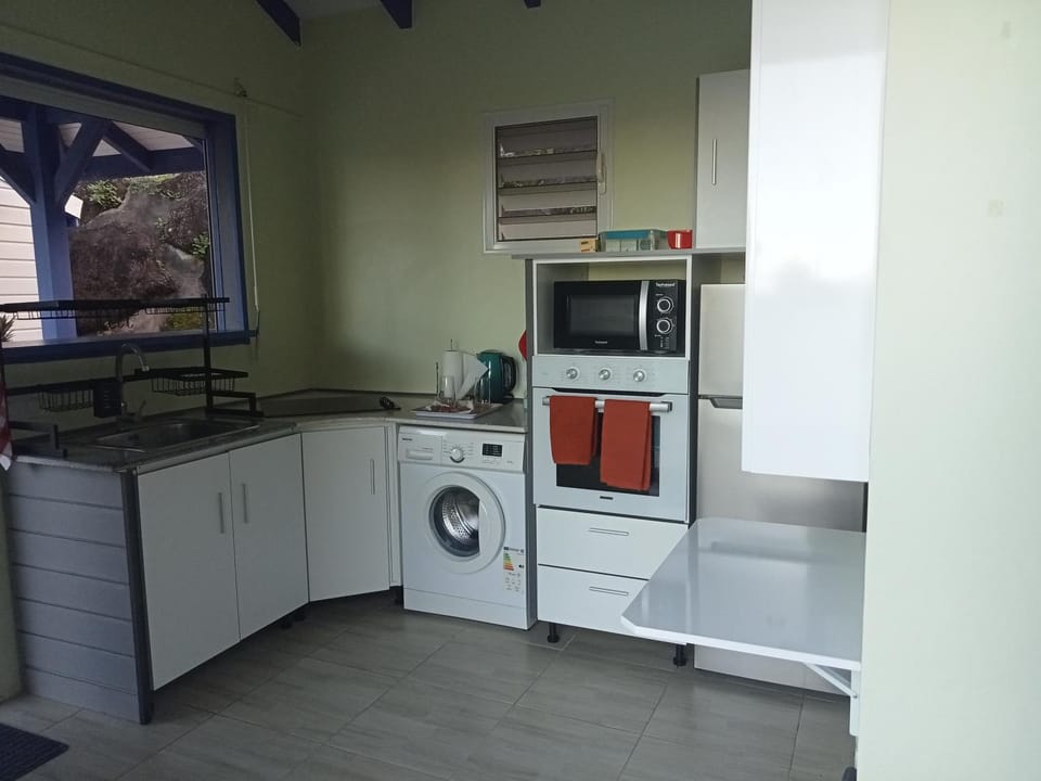 Kitchen or kitchenette, oven, stove, washing machine