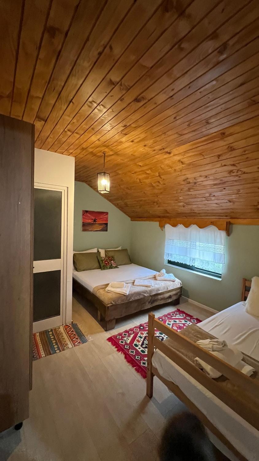 Bed, Photo of the whole room, Bedroom, bunk bed, towels, wardrobe