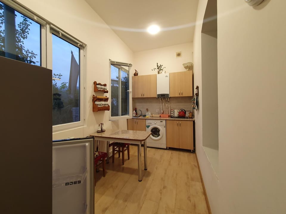 Kitchen or kitchenette, stove, toaster, washing machine