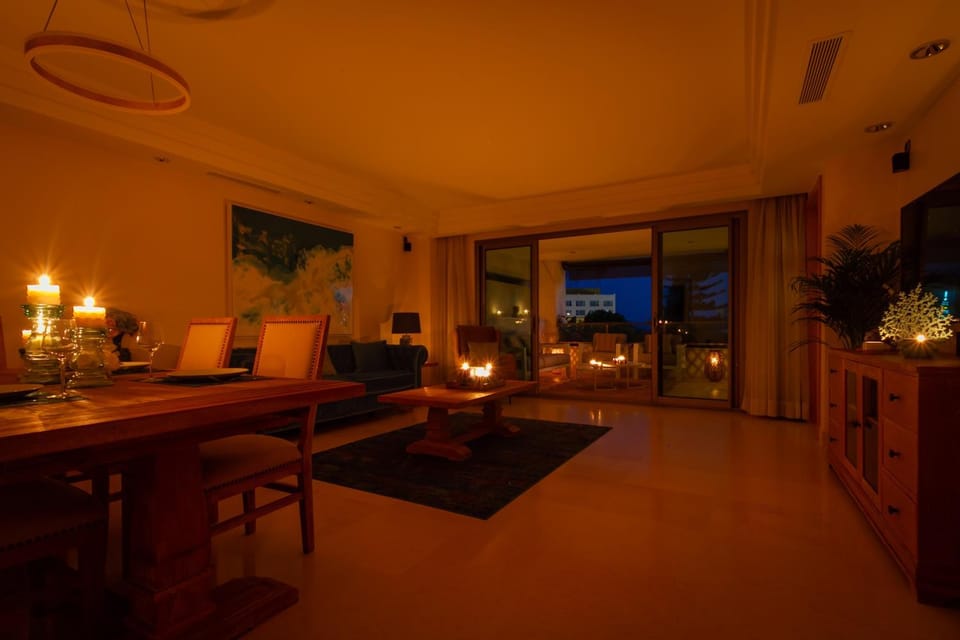 Night, Living room, Seating area, Dining area