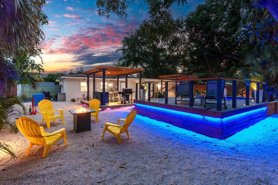 Night, Garden, fireplace, furniture