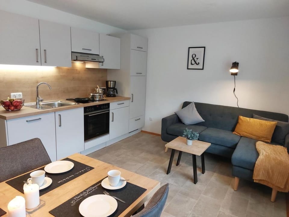 Kitchen or kitchenette, Living room, Seating area, Dining area