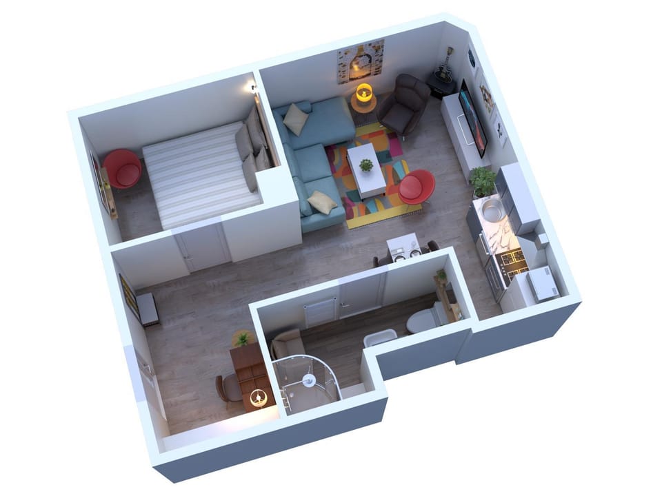 Bathroom, Living room, Bedroom, kitchen