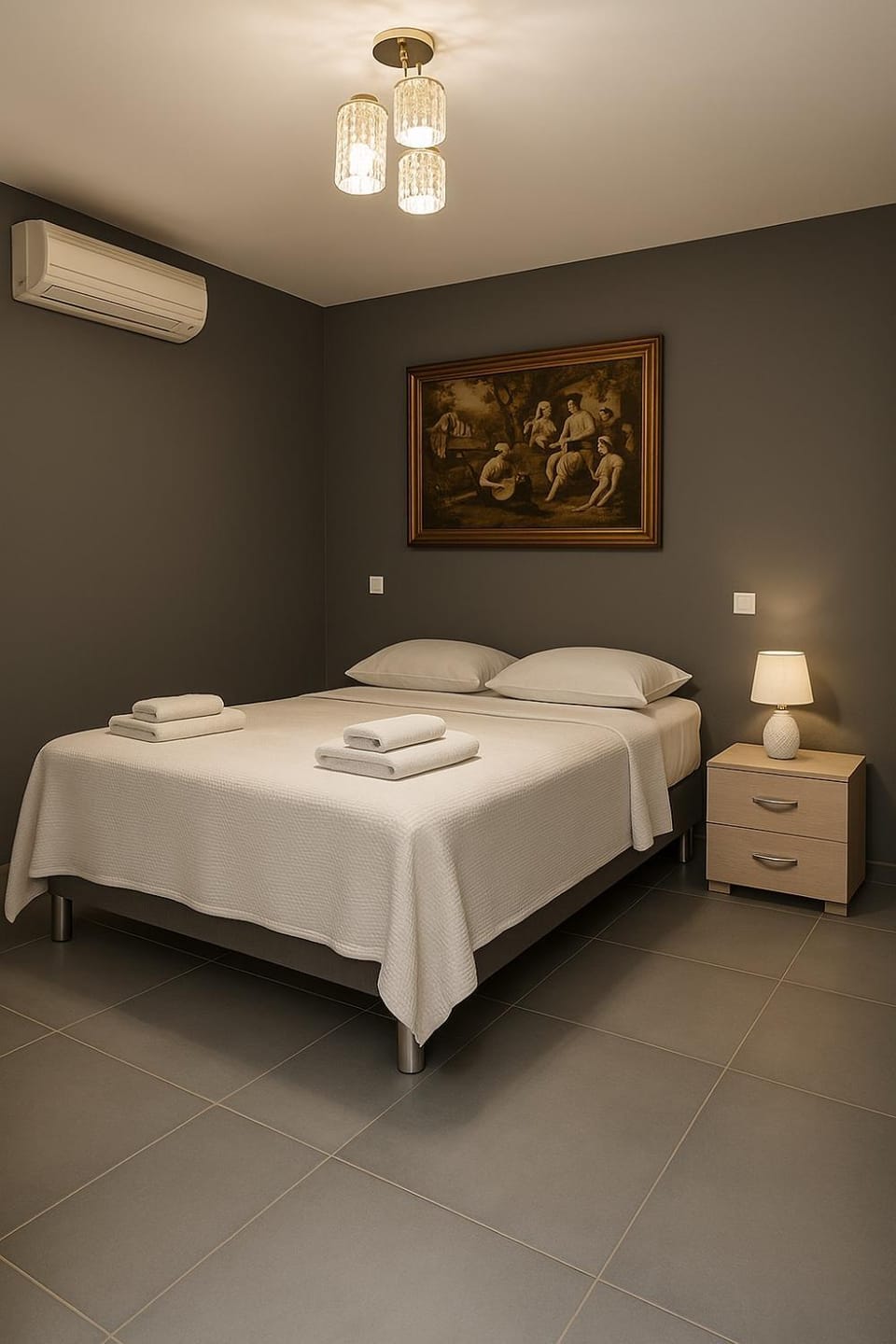 Bed, Photo of the whole room, Bedroom, towels, air conditioner