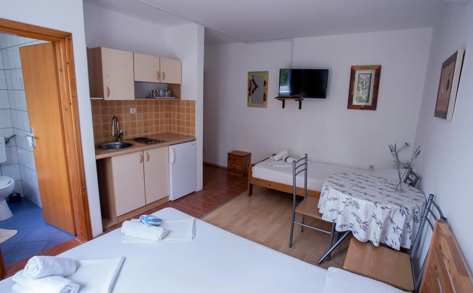 Bed, TV and multimedia, Kitchen or kitchenette, Photo of the whole room, Seating area, Dining area, stove