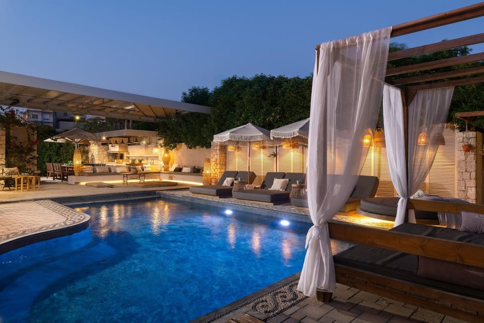 Patio, Night, Pool view, Swimming pool, sunbed