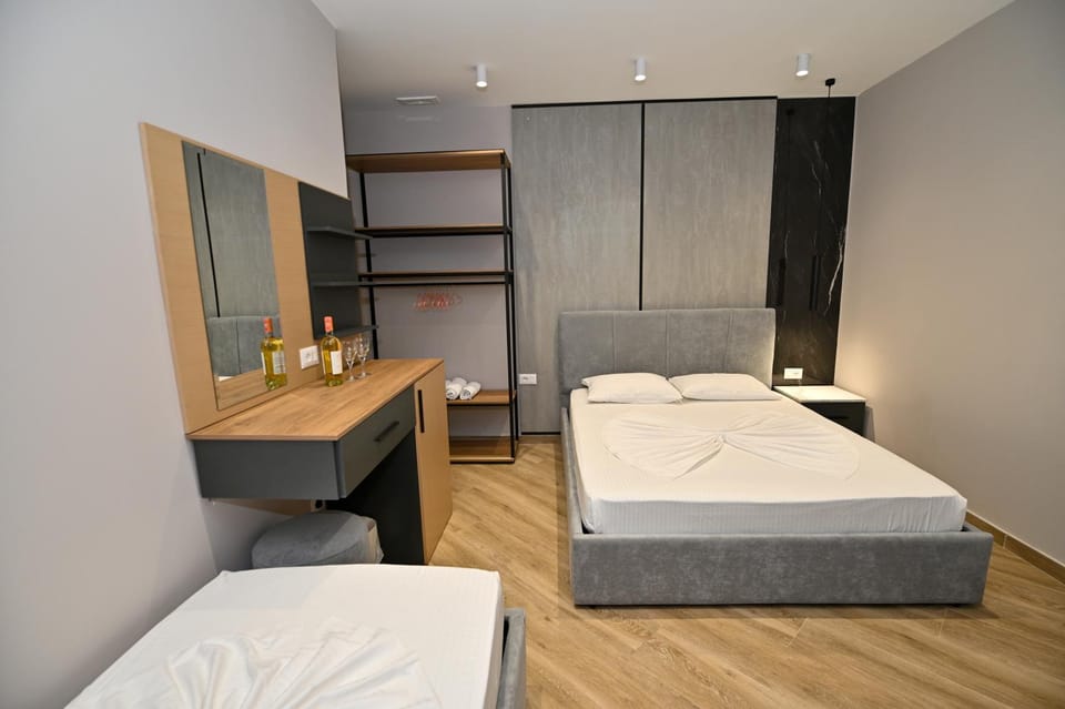 Bed, Photo of the whole room, Bedroom, hair dresser, towels, wardrobe