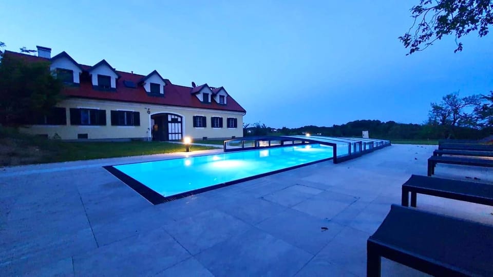 Property building, Pool view, Swimming pool, sunbed