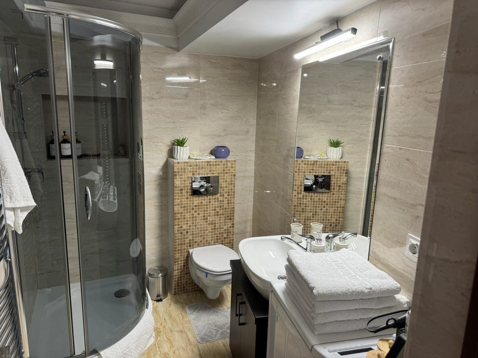 Shower, Toilet, Bathroom, flat iron, hair dryier, towels, dryer