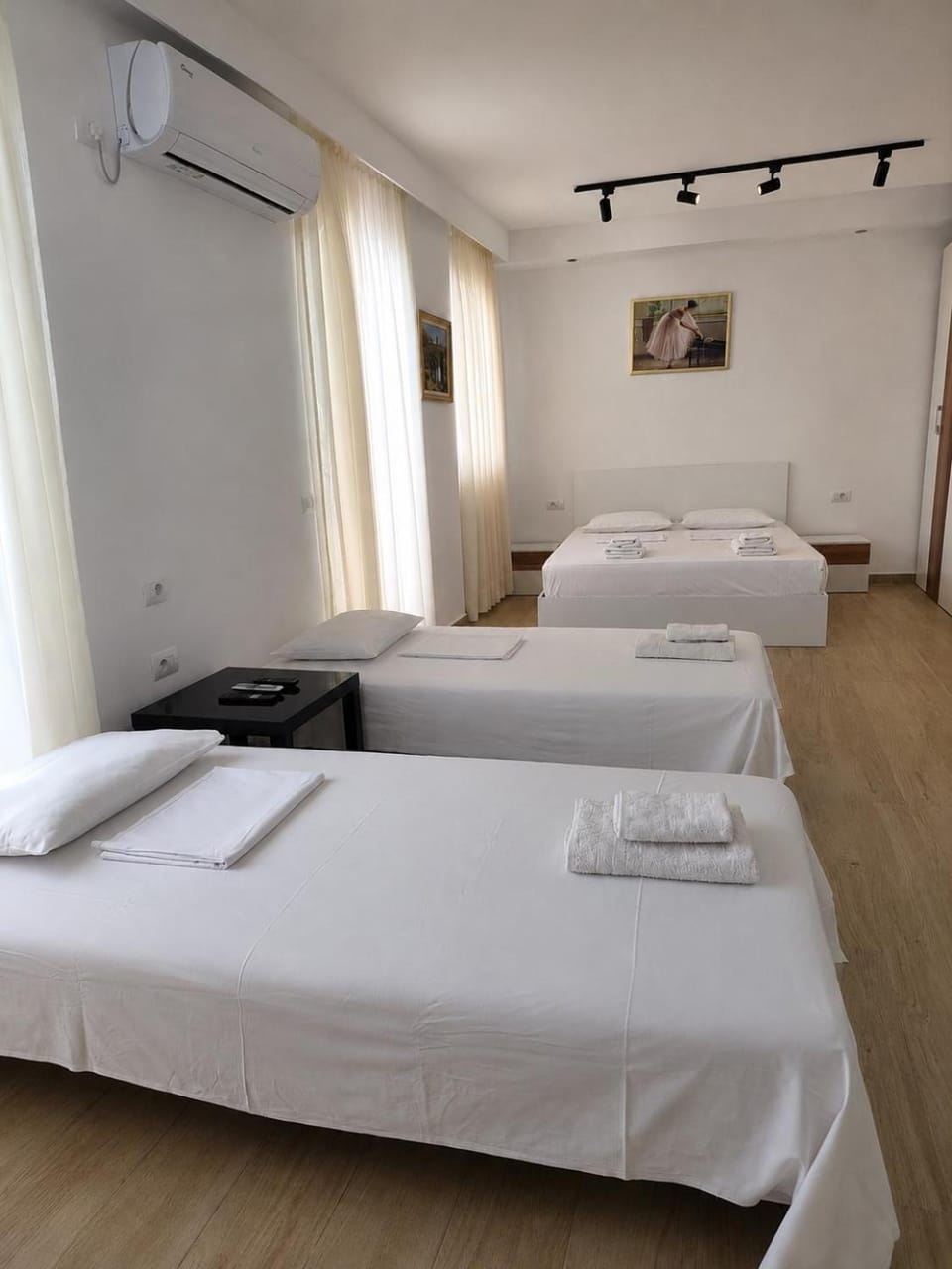 Bed, Photo of the whole room, Bedroom, towels, air conditioner