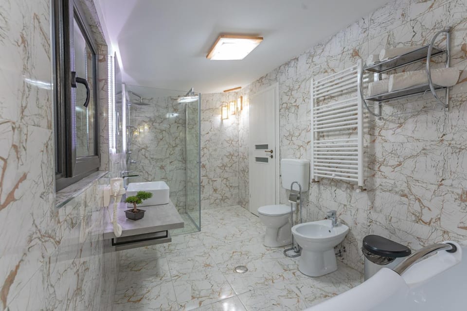 Bathroom, bidet, towels