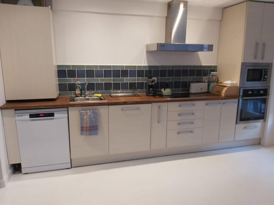 Kitchen or kitchenette, dishwasher, oven, stove